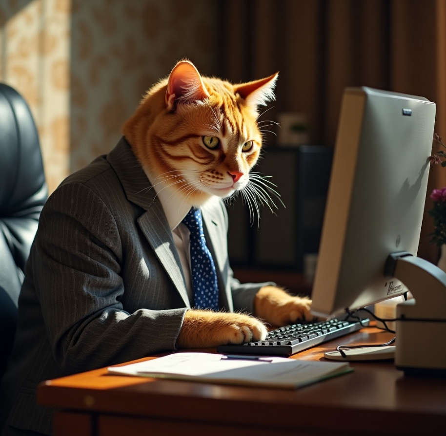 A cat in a business suit working remotely on a computer in a home office, visually depicting wfh meaning.