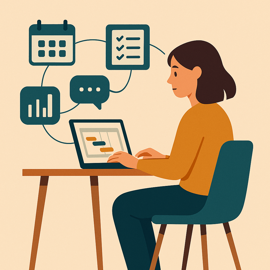 Project coordinator working remotely, managing schedules in Asana, communicating updates, and leading teams—an entry level job in project management services.