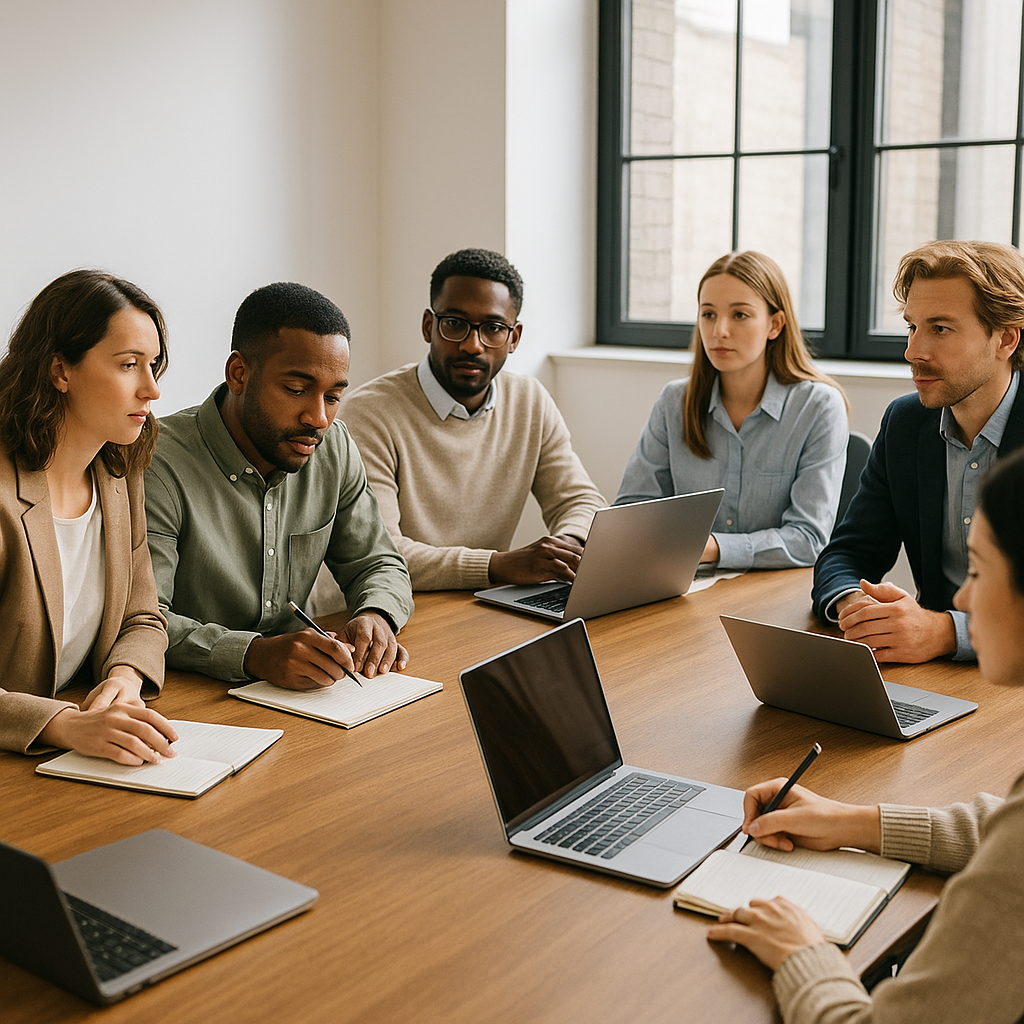 Six professionals collaborate at a table, mapping project schedules and task dependencies for efficient team collaboration and fair workload distribution.
