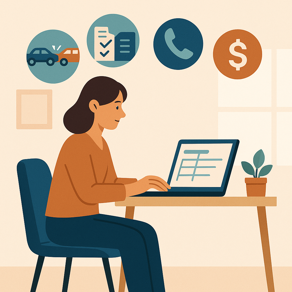 Claims adjuster working remotely, reviewing accident reports, negotiating settlements, and documenting findings—an insurance job that solves problems for major companies.