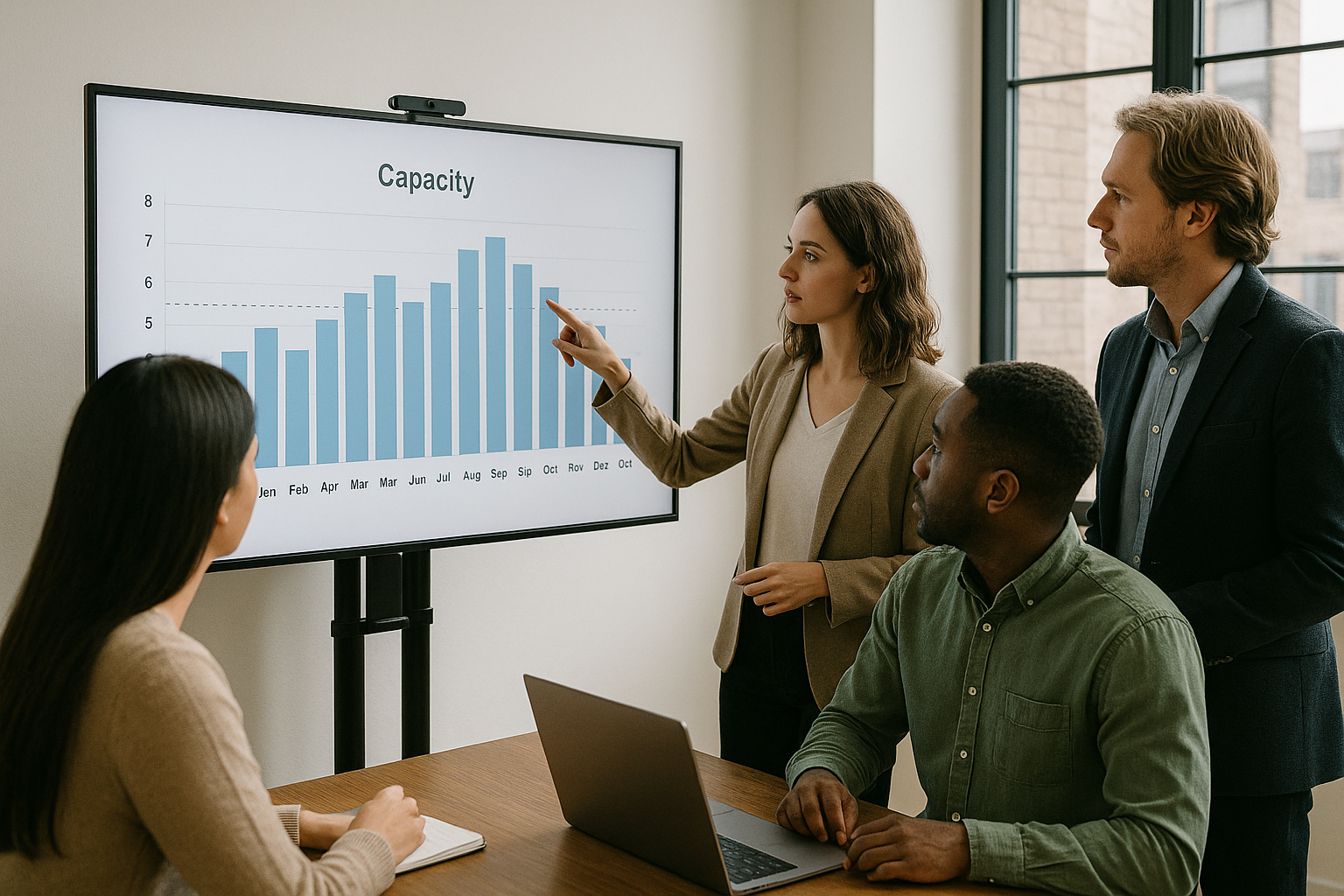 Four team members examine a capacity chart, assessing actual workload, due dates, task dependencies to improve workload management and resource management.