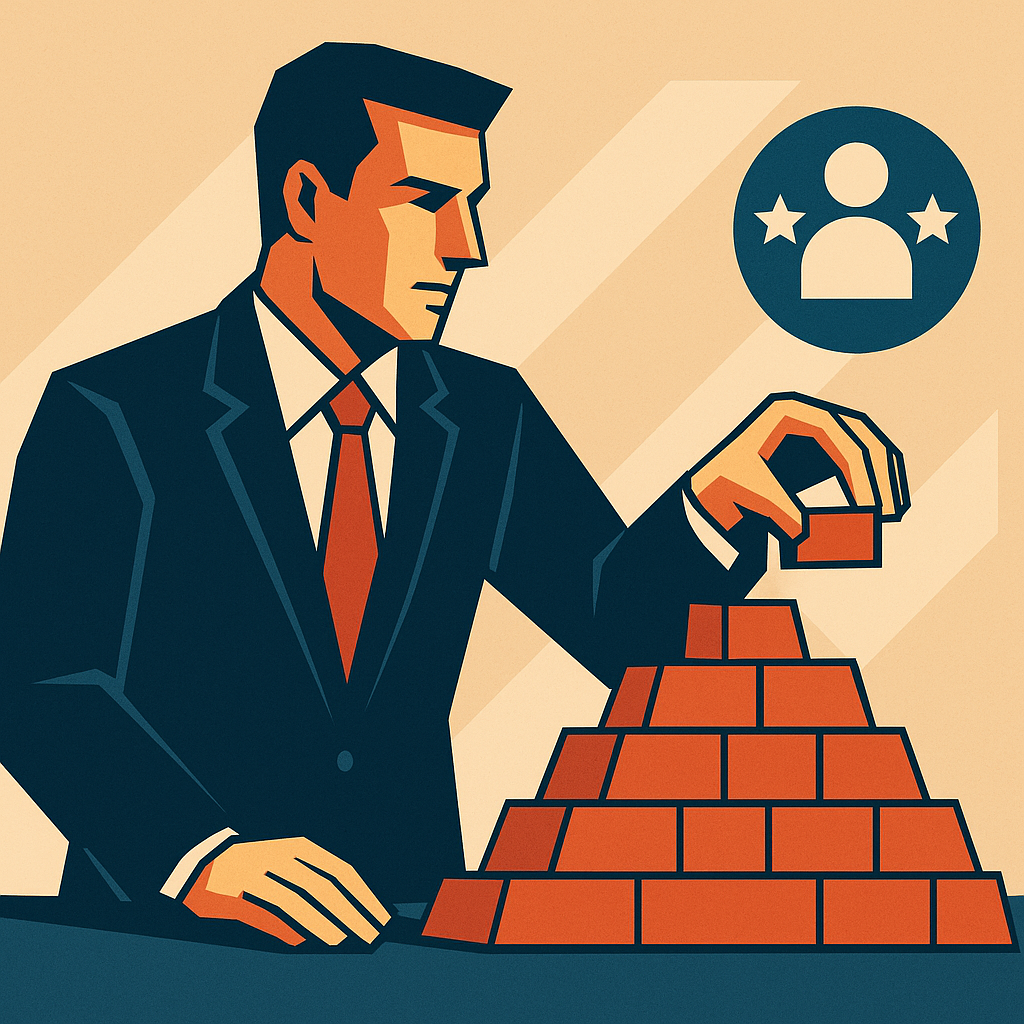 Vector-style illustration of a businessman placing bricks in a pyramid, symbolizing referent power, inspiring people, and team building activities with direct reports.