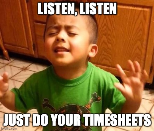 Kid negotiating timesheet submission with convincing hand gestures. Funny timesheet meme capturing managers' struggle to remind employees about submitting timesheets before deadline.