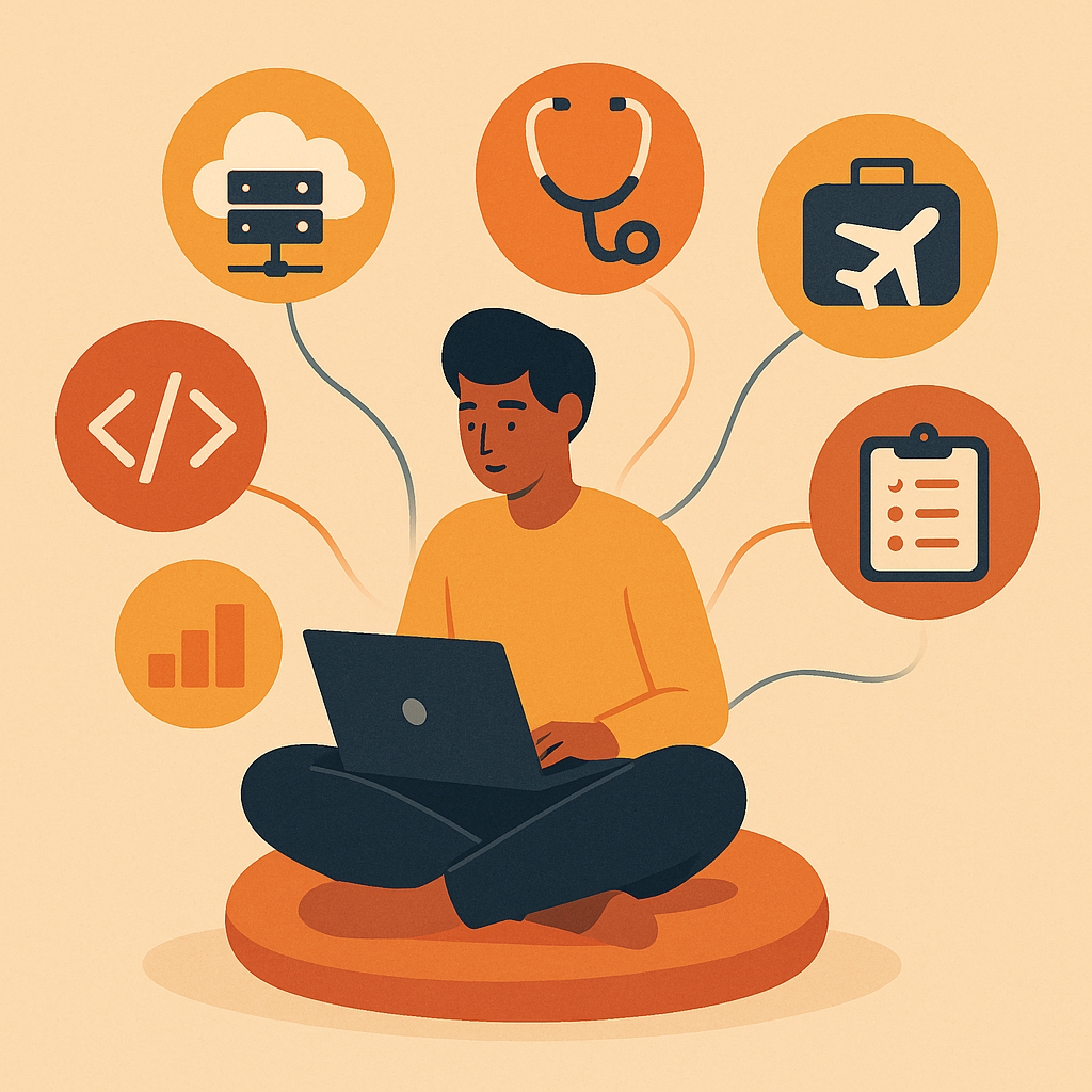 Person working remotely on a laptop with icons for cloud architects, data analysts, and virtual assistants—illustrating high paying remote jobs.