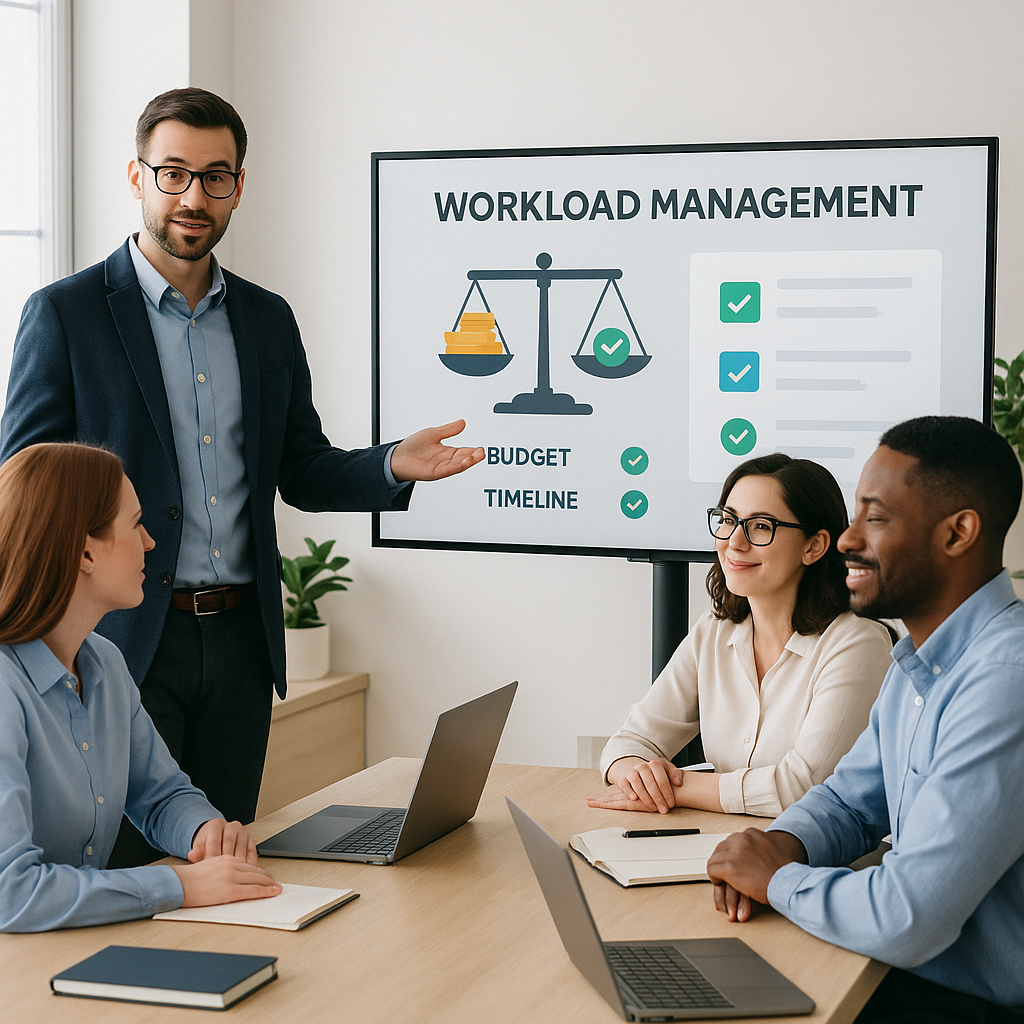 Project manager shows workload management process dashboard, illustrating each team member’s workload on complex projects for better workload management.