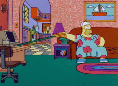 King Size Homer Simpson meme: Homer in a muumuu pokes his computer with a broom, showing that humans tend to use the least effort.