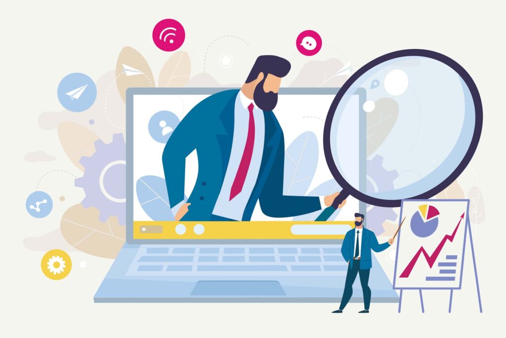 An image representing online monitoring, specifically a boss holding up a magnifying glass to an employee giving a presentation.