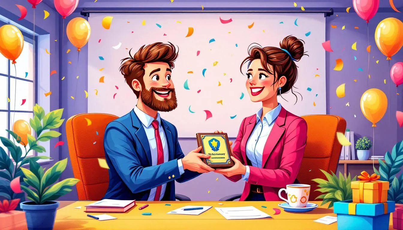 A manager presenting a work anniversary gift to an employee.