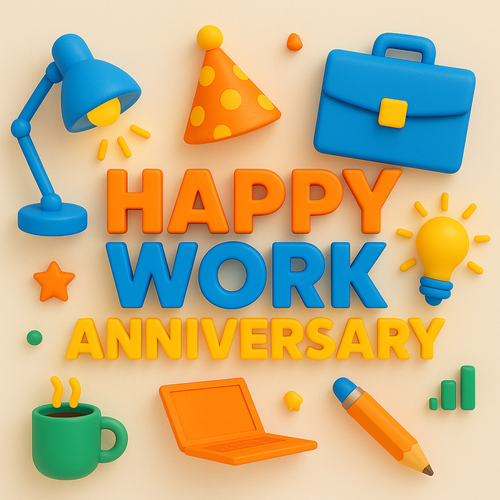 An image with various work elements drawn and text that conveys hope that the employee has a fantastic work anniversary.