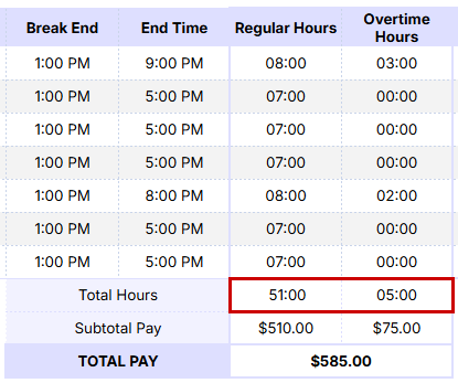Screenshot of an excel timesheet template used to track hours, with the Total Hours section highlighted.