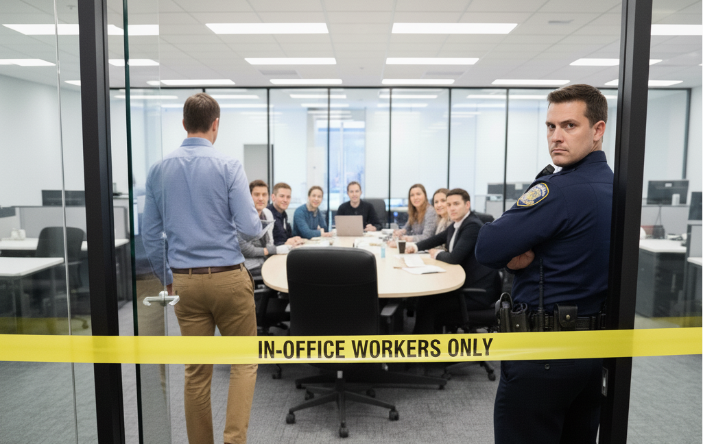 Police officer blocks a meeting room with "IN-OFFICE WORKERS ONLY" tape, illustrating proximity bias and productivity issues.
