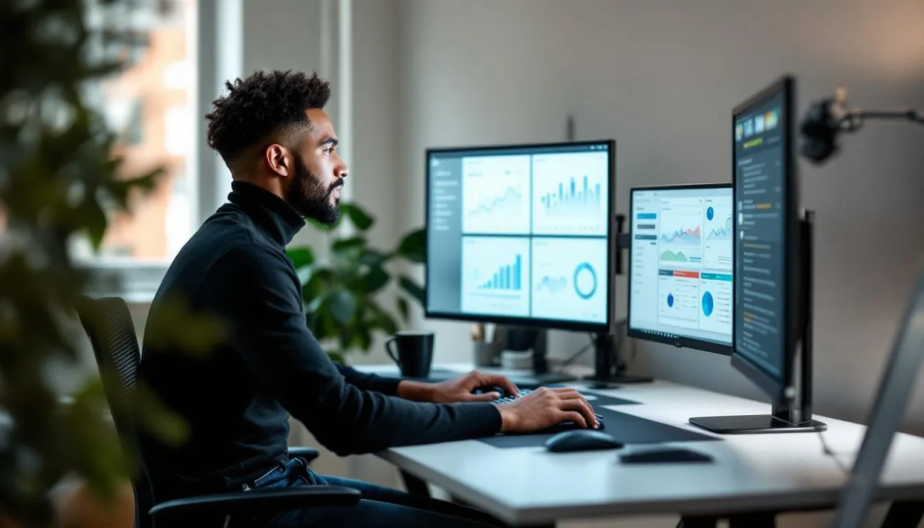 Image of a man sitting at a work station with graphs on several monitors representing work focus with the help of one-click time tracking.