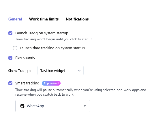 A screenshot of Traqq's smart time tracking settings.