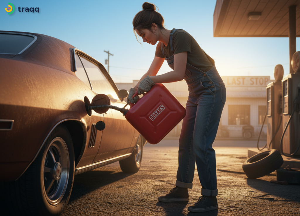 Woman pouring in gasoline with the can marked "breaks" to symbolize refilling a tank of gas with rest.