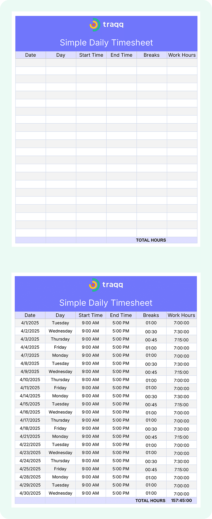 Daily employee timesheet template in an Excel spreadsheet showing regular and overtime hours for multiple users — ideal for hourly and salaried employees.