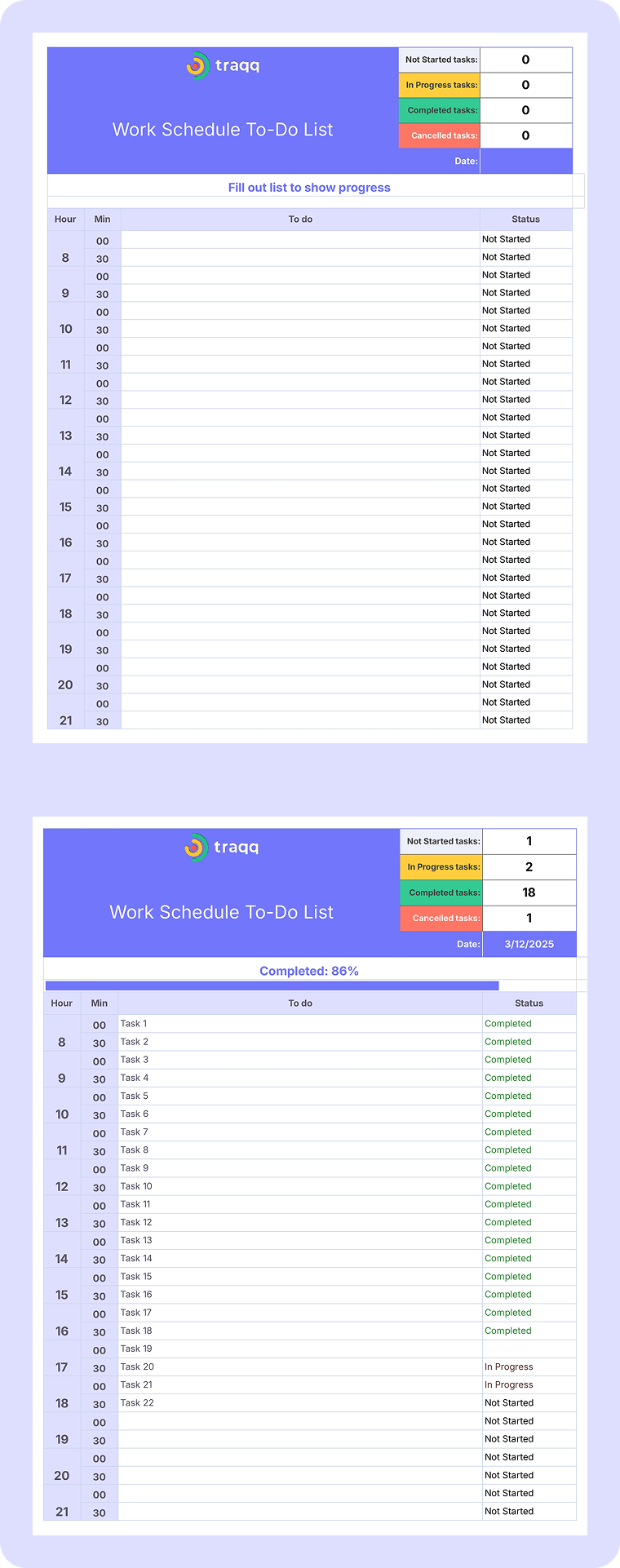 Plan your day with 30-minute time blocks. Use this to-do list template in Word or Excel to track tasks and boost time management.