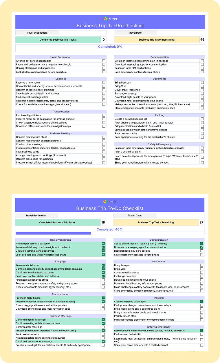 Pre-filled to-do list for business trips. Plan transportation, meetings, and packing. Download PDF or use in Excel for stress-free travel.