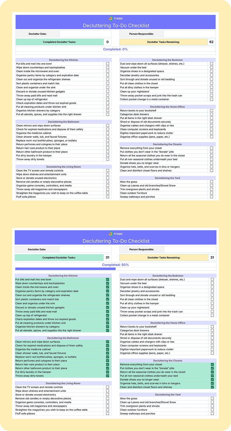 Room-by-room home decluttering list. Pre-filled and categorized for quick organization. Track tasks and create a tidy space efficiently.