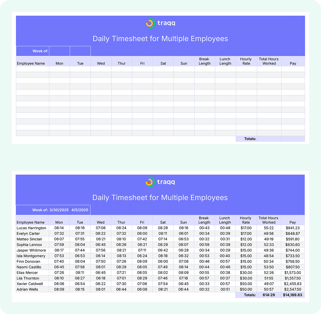 Free daily timesheet template with break deductions and sick day tracking — supports timesheet compliance and pay period calculations.
