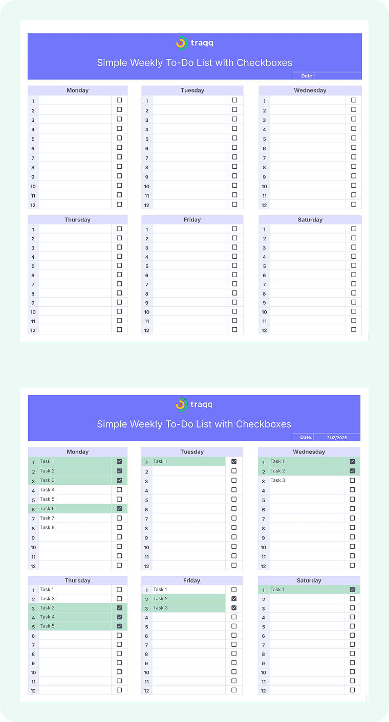 Weekly to-do list template to manage work tasks across the entire week. Customize and download for Google Docs or Excel to stay organized.