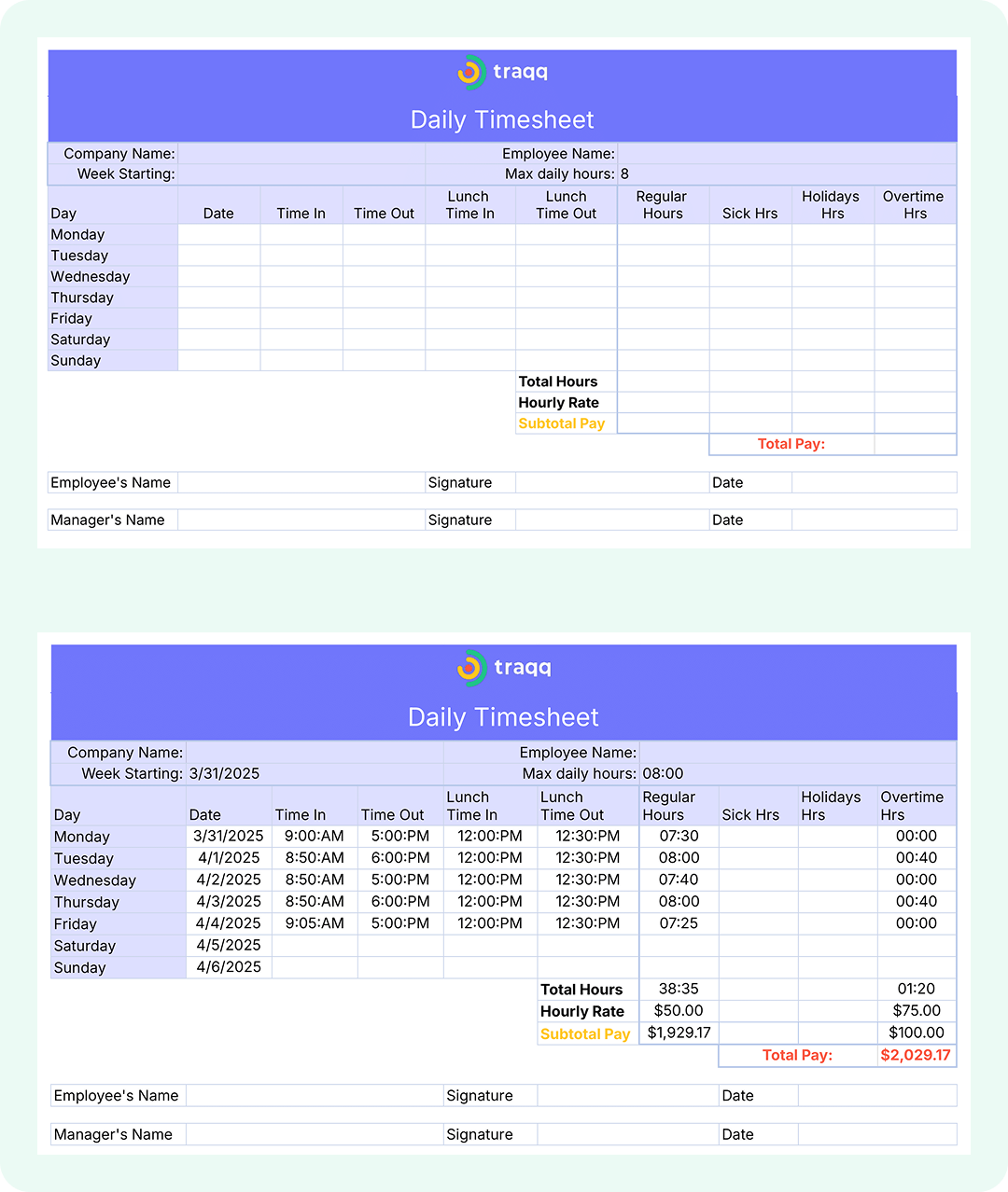 Screenshot of a user-friendly daily timesheet template in Microsoft Excel that tracks employee hours and creates approved timesheets for salaried employees.