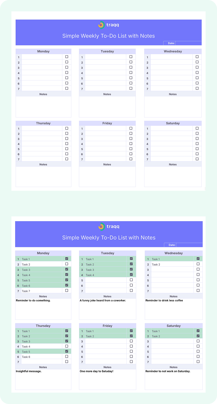 Weekly planner template with notes section to capture ideas and tasks. Create, customize, and print for flexible productivity tracking.