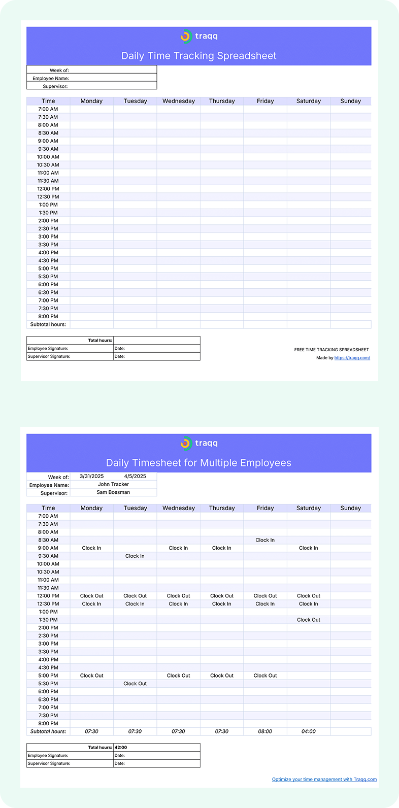 Screenshot of a user-friendly daily timesheet template in Microsoft Excel that tracks employee hours and creates approved timesheets for salaried employees.