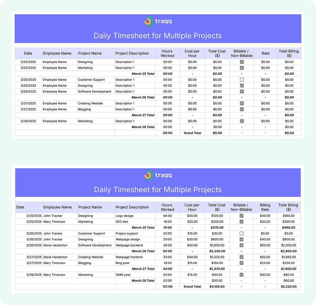 Excel-based daily employee timesheet template for tracking billable hours across multiple projects with automatic hourly rates and completed timesheets.