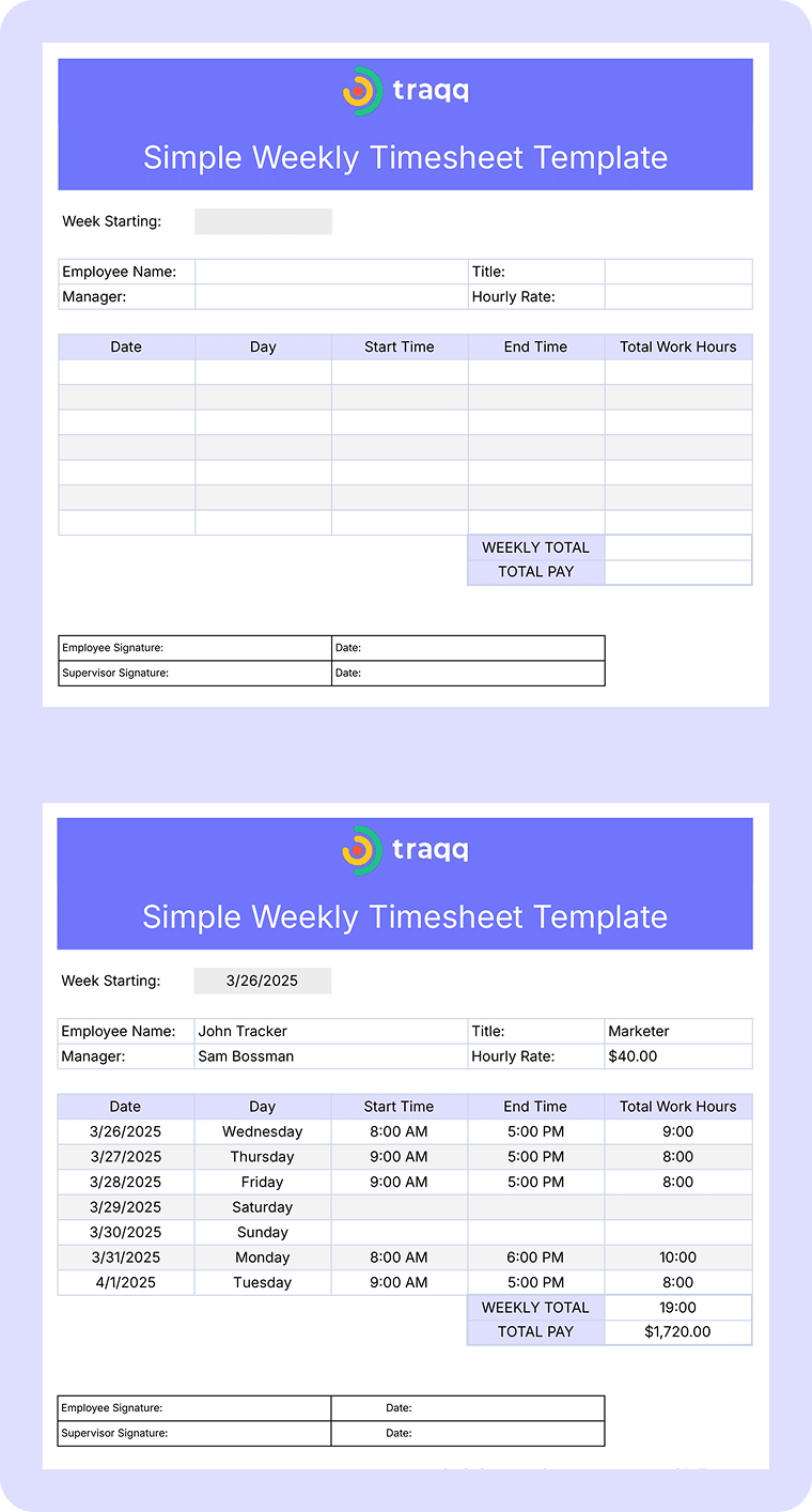 A weekly timesheet template in Excel for hourly and salaried employees that tracks regular and overtime hours — a free template for accurate timekeeping.