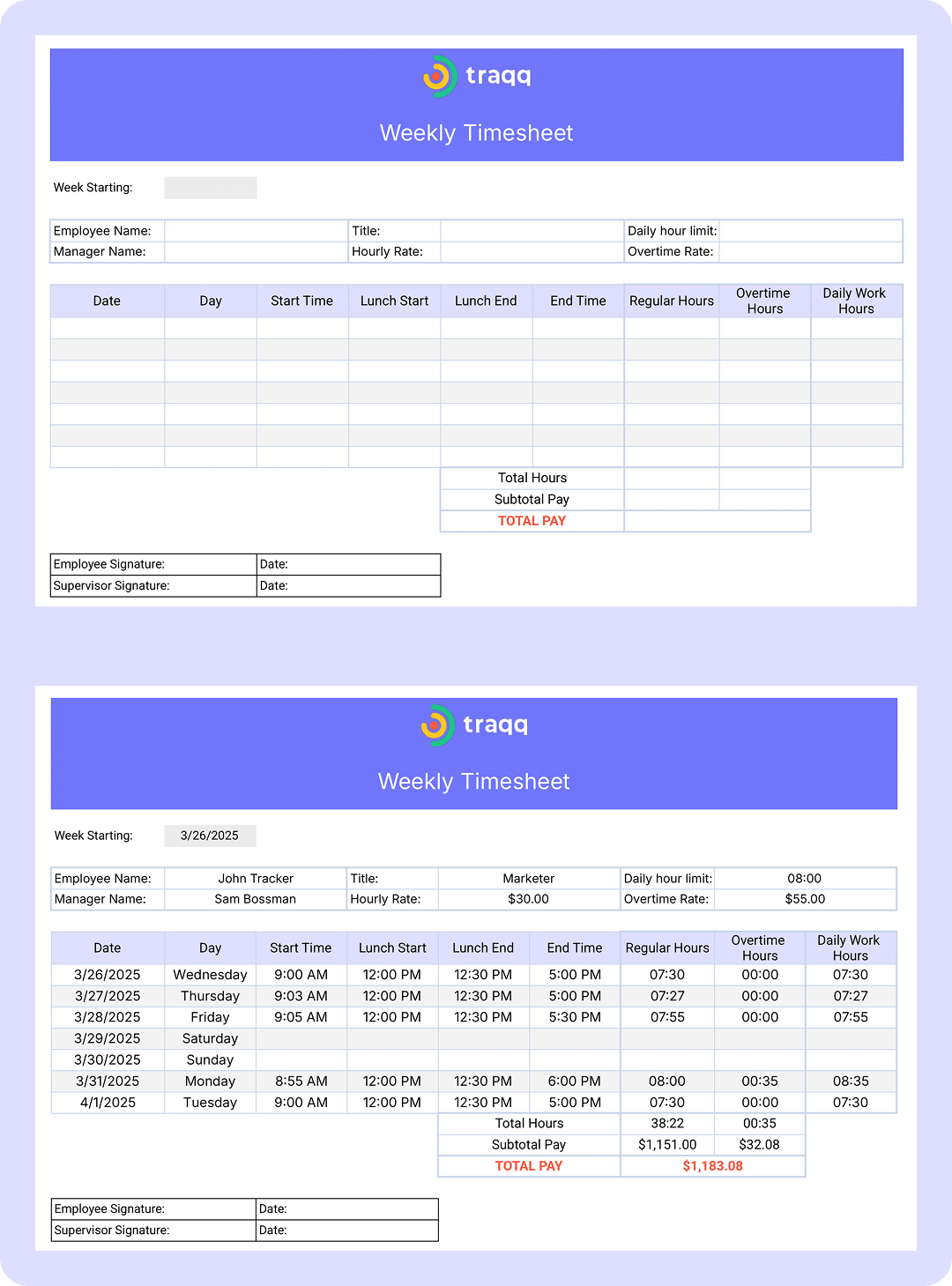 Screenshot of a weekly timesheet template with built-in overtime hours and lunch break calculations — ideal for tracking employee hours and productivity.