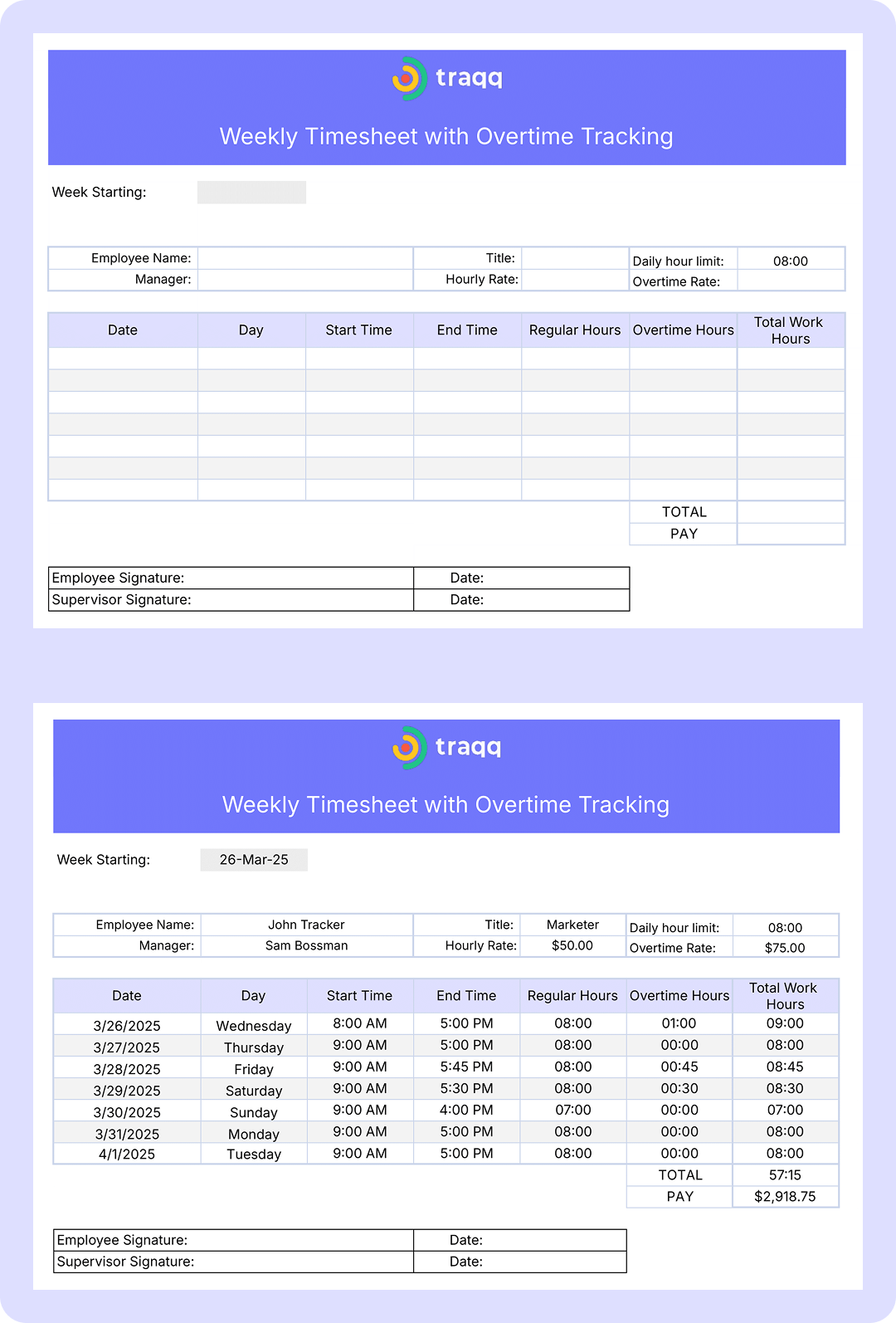 A free printable timesheet template with regular and overtime hours, vacation time, and accurate payroll data — available in Excel or PDF file formats.
