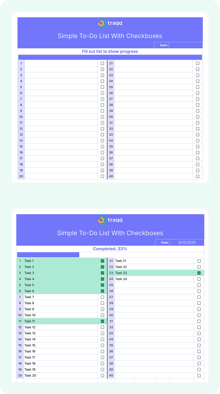 Simple to-do list template with checkboxes for tracking daily tasks in Google Sheets or PDF. Customize and print to manage your work tasks easily.