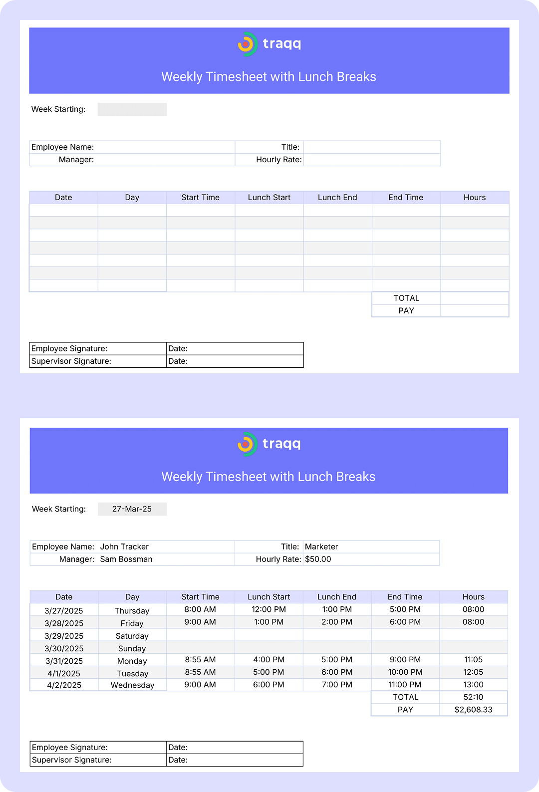 Screenshot of an Excel-based weekly timesheet template for salaried employees, tracking total work hours after lunch breaks for each pay period.
