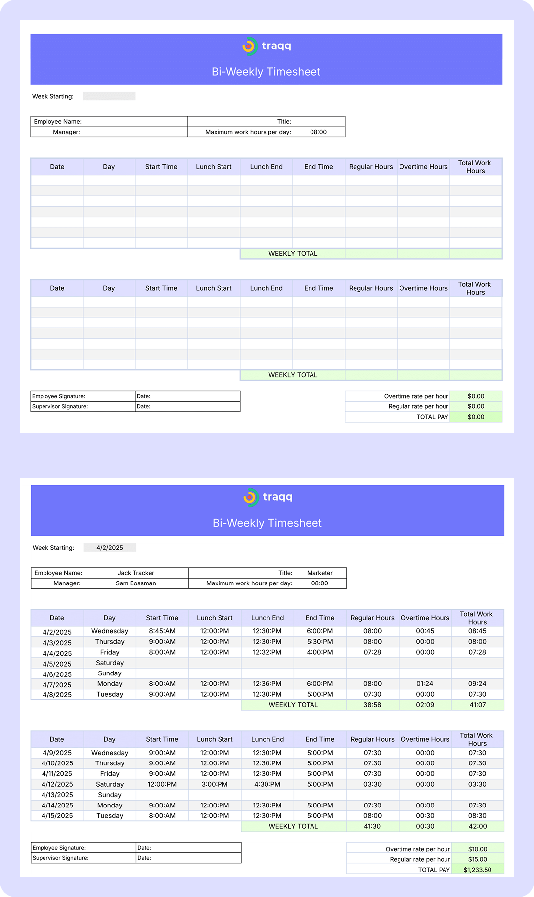 Bi-weekly timesheet template in Microsoft Excel for employee time tracking, including sick days, vacation time, and completed timesheets with hourly rates.