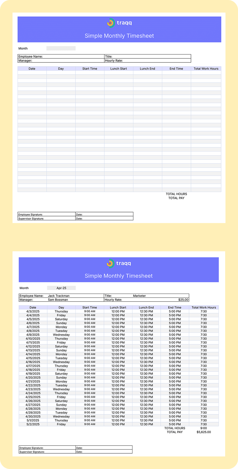 Free monthly employee timesheet template for tracking work hours, approved timesheets, and billable time — download as a PDF file or Excel spreadsheet.