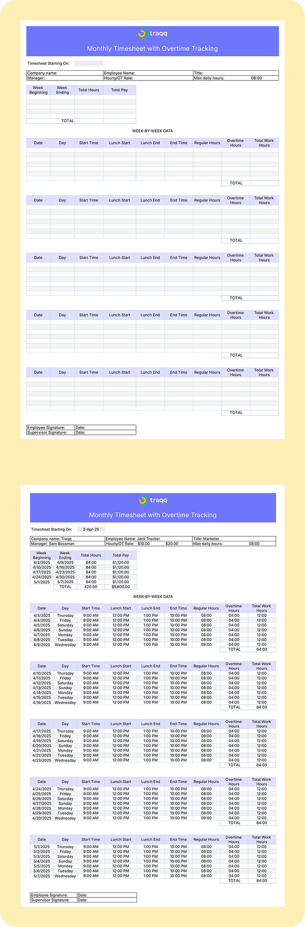 Monthly timesheet template in Excel with regular and overtime hours, vacation days, and hourly rates for accurate employee tracking and timesheet compliance.