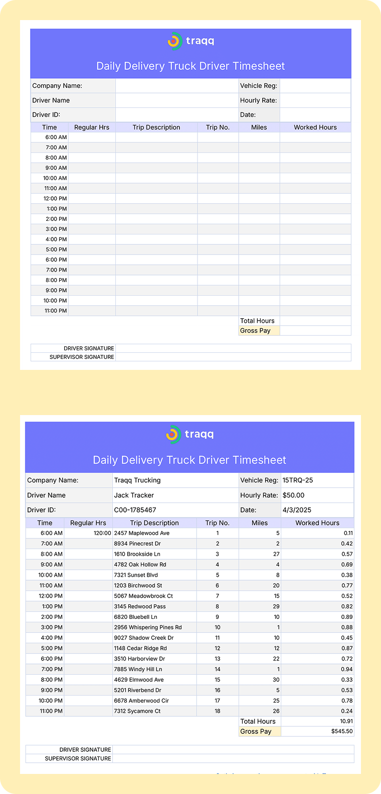 Daily timesheet template for truck drivers tracking mileage, overtime hours, and employee hours — available as a PDF Google or Excel spreadsheet.