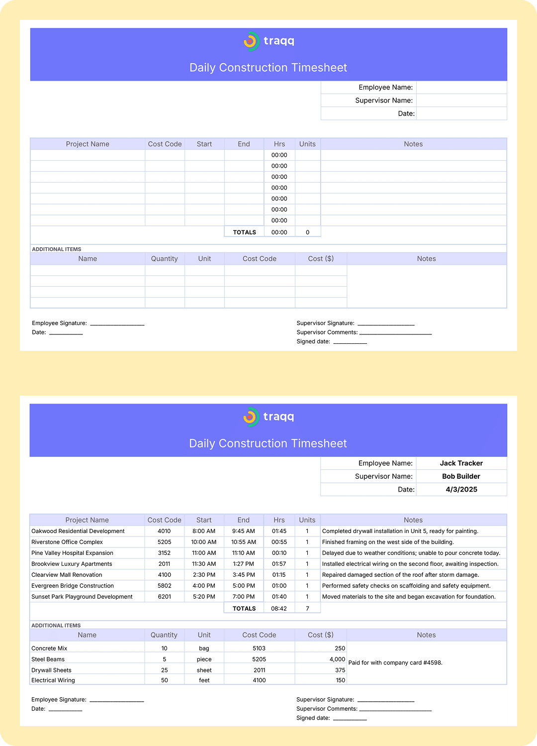 Screenshot of a user-friendly daily timesheet template for construction workers tracking project costs, employee hours, and billable work with free template options.