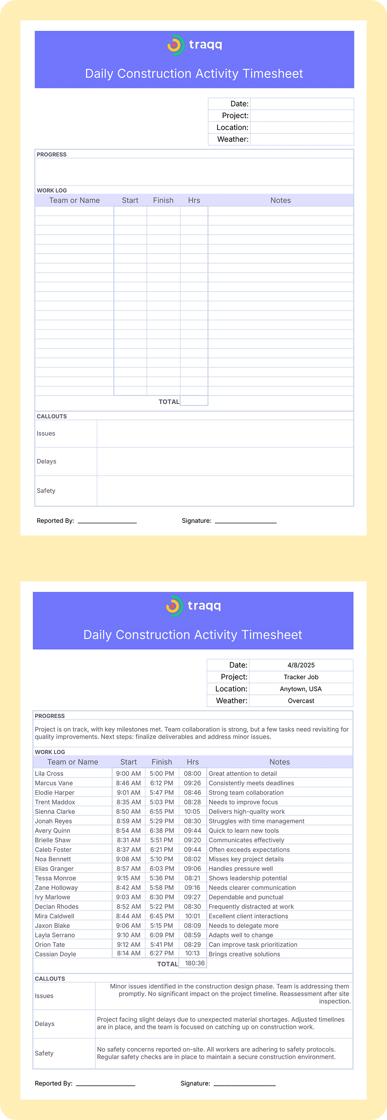 Excel-based daily employee timesheet template for tracking sick days, delays, and overtime hours on construction sites — print-ready and available as a PDF file.