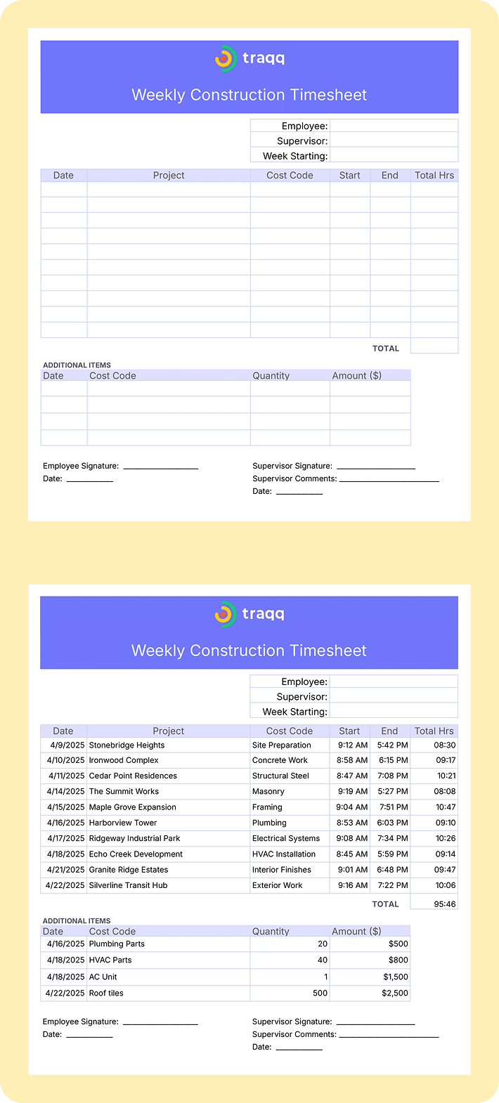 Weekly timesheet template for contractors to track vacation days, hourly rates, and employee hours — one of the most timesheet templates used in project management.