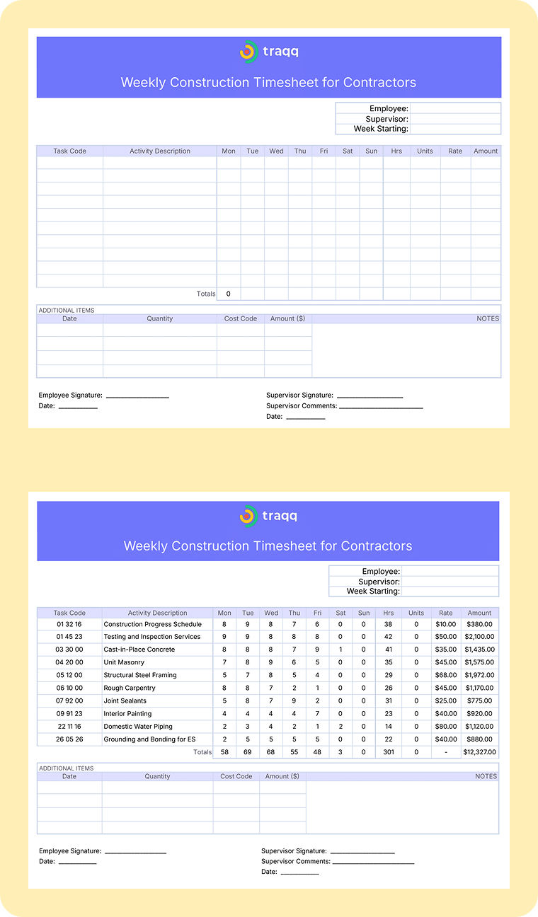 Screenshot of a comprehensive weekly timesheet template that tracks employee hours, billable hours, and approved timesheets — optimized for mobile device and offline use.